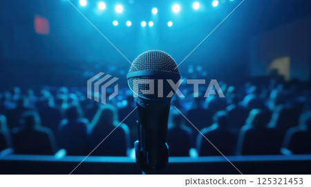 Closeup microphone in auditorium with people. 125321453