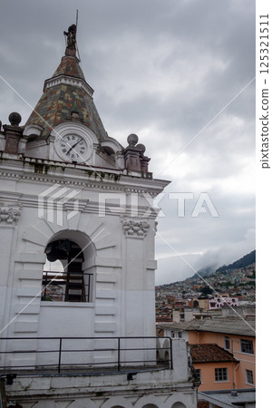 View of San Francisco church bell tower and Quito city 125321511