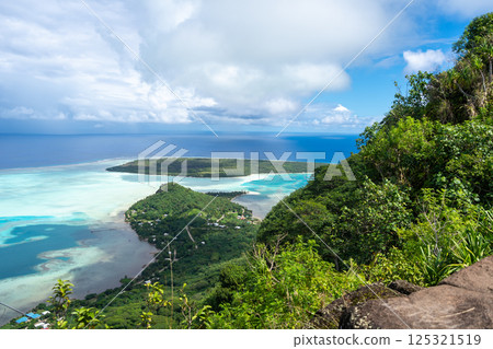 Panoramic view of Maupiti island and lagoon from Mount Teurafaatiu, French Polynesia 125321519