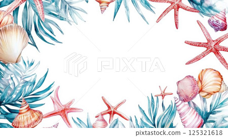 Summer sea with palm frame border watercolor clipart isolated on white background. Summer sea with palm frame border watercolor clipart isolated on white background. 125321618