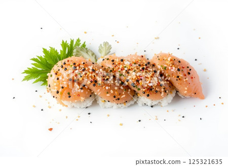 Sushi top view on white background. 125321635