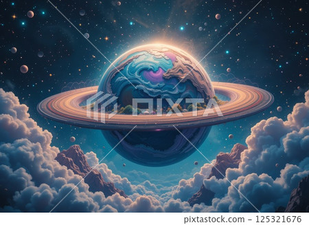 Whimsical space planet with psychedelic galaxy clouds. 125321676