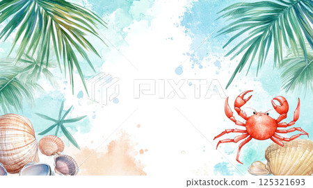 Summer sea with palm frame border watercolor clipart isolated on white background. 125321693