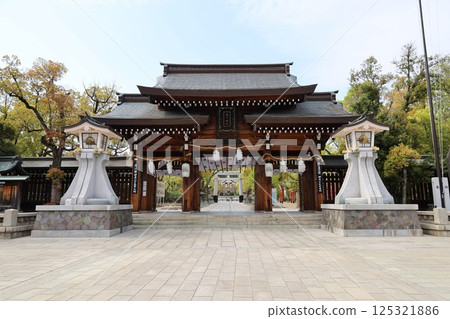 A view of the entrance gate to Minatogawa Shrine in Kobe, Hyogo Prefecture A view of the entrance gate to Minatogawa Shrine in Kobe, Hyogo Prefecture 125321886