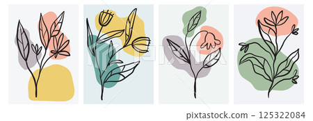 Floral posters collection with hand drawn sketch flowers and branches in neutral colors. Organic shapes background, wall print Floral posters collection with hand drawn sketch flowers and branches in neutral colors. Organic shapes background, wall print 125322084