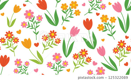 Colorful seamless floral pattern with Tulips and other flowers. Spring girlish wrapping paper with flowers and ditsy hearts 125322089
