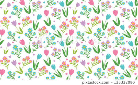 Colorful Spring seamless pattern with Tulips and other flowers. Spring wrapping paper with flowers and ditsy hearts Colorful Spring seamless pattern with Tulips and other flowers. Spring wrapping paper with flowers and ditsy hearts 125322090