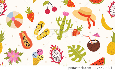 Summer vacation seamless pattern with tropical fruits and cactus, ice cream, hat and more. 125322091