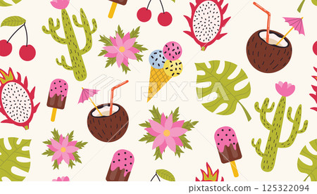 Colorful summer vacation seamless pattern with fruits, ice cream, cactus and Monstera leaves. Season holidays background. 125322094
