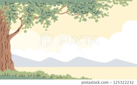 Peaceful summer landscape with green tree and lake Peaceful summer landscape with green tree and lake 125322232