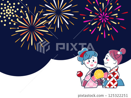 身穿浴衣的年輕女子觀賞夏日祭煙火的壁紙素材 125322251