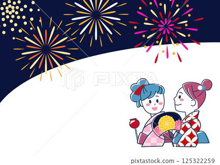 Wallpaper material of a young woman in a yukata watching summer festival fireworks Wallpaper material of a young woman in a yukata watching summer festival fireworks 125322259