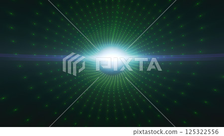 Green futuristic grid tunnel pattern converging to a bright focal point, symbolizing data flow, digital connections, and technology advancement background 125322556