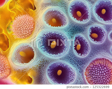 Zoomed-in image of pollen grains under a microscope, showcasing intricate details and textures, revealing their unique structures and patterns 125322699