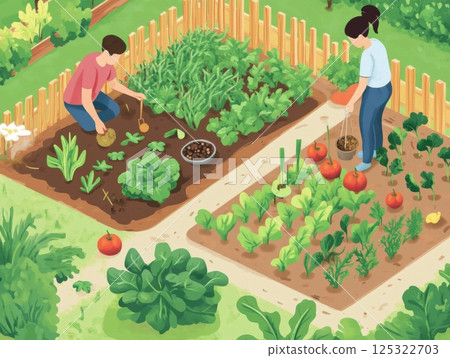 Backyard garden with people planting vegetables, composting food scraps, and nurturing growth, promoting sustainability and eco-friendly practices 125322703