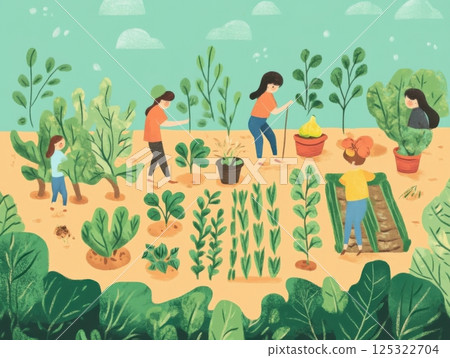 Backyard garden with people planting vegetables, composting food scraps, and nurturing growth, promoting sustainability and eco-friendly practices 125322704