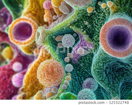 A magnified shot of a virus particle, showcasing its detailed shape and surface features under the microscope A magnified shot of a virus particle, showcasing its detailed shape and surface features under the microscope 125322748