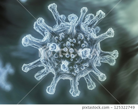 A magnified shot of a virus particle, showcasing its detailed shape and surface features under the microscope A magnified shot of a virus particle, showcasing its detailed shape and surface features under the microscope 125322749