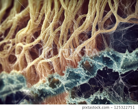 Microscopic view of human hair, revealing detailed structure, individual strands, and cuticle patterns under high magnification 125322751