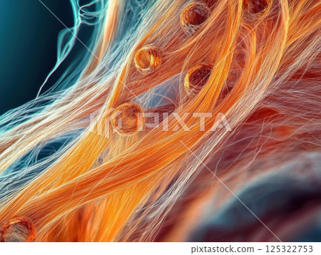 Microscopic view of human hair, revealing detailed structure, individual strands, and cuticle patterns under high magnification 125322753
