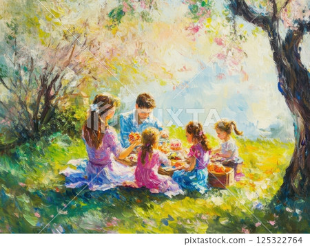 Family gathering for an outdoor Easter picnic, children playing joyfully, surrounded by vibrant spring colors Family gathering for an outdoor Easter picnic, children playing joyfully, surrounded by vibrant spring colors 125322764