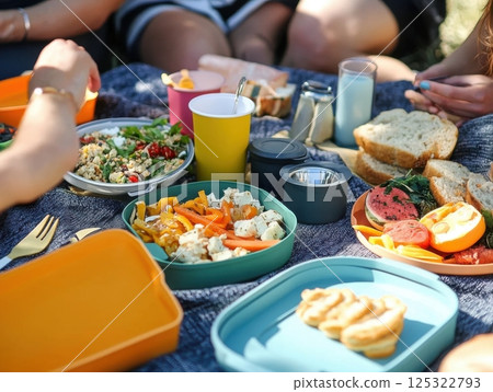 People enjoying a zero-waste picnic with reusable plates, cups, and a vibrant assortment of foods 125322793