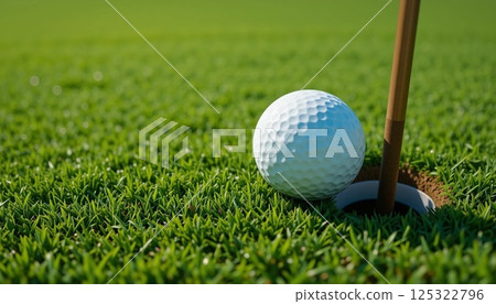 Golf Ball on Green Field at a Distance from Hole | 4K Ultra Realistic Close-Up. 125322796