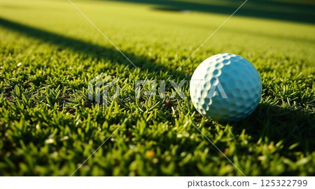 Golf Ball on Green Field at a Distance from Hole | 4K Ultra Realistic Close-Up. 125322799