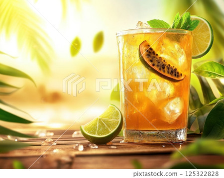 A glass of iced tea with passionfruit, garnished with lime and mint, placed on a beachside table surrounded by tropical leaves and warm sunlight A glass of iced tea with passionfruit, garnished with lime and mint, placed on a beachside table surrounded by tropical leaves and warm sunlight 125322828