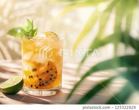 A glass of iced tea with passionfruit, garnished with lime and mint, placed on a beachside table surrounded by tropical leaves and warm sunlight 125322829