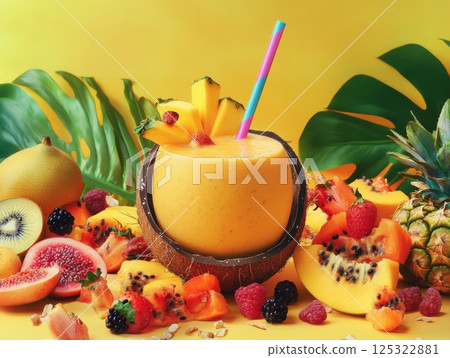 A tropical smoothie with mango and papaya, served in a coconut shell with a colorful straw, surrounded by fresh tropical fruits, evoking a refreshing and exotic vibe 125322881