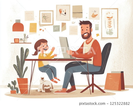 A busy father working remotely while his child joyfully interacts with him in a home office, showcasing a warm and family-oriented atmosphere 125322882
