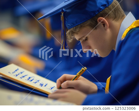 Emotional moment as graduates sign each others yearbooks, leaving heartfelt messages and cherishing memories of their school years 125323006