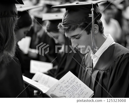 Emotional moment as graduates sign each others yearbooks, leaving heartfelt messages and cherishing memories of their school years 125323008