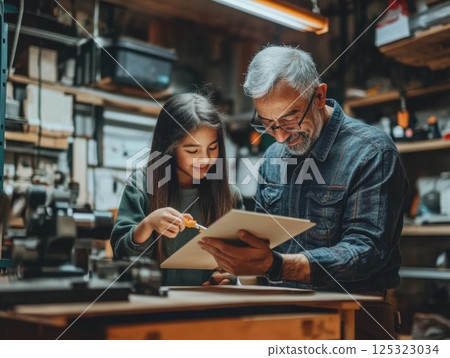 Father and teenage daughter collaborating on a DIY home project in a garage, sharing teamwork and creativity in a hands-on learning experience 125323034