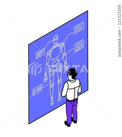 Male student looking at robot blueprints Isometric Male student looking at robot blueprints Isometric 125323105