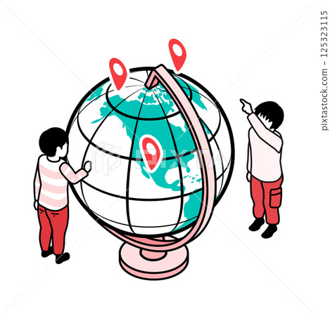 Two boys playing with a giant globe - isometric Two boys playing with a giant globe - isometric 125323115