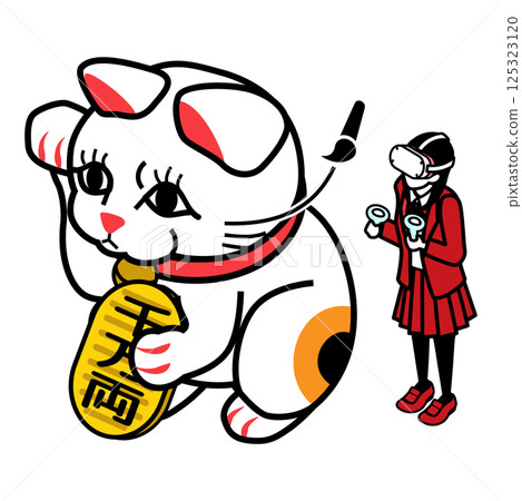 女學生戴著 VR 耳機畫招財貓的鬍鬚 等距 125323120