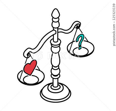 Isometric scales with a heart and a question mark Isometric scales with a heart and a question mark 125323139