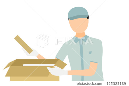 A simple illustration of a male worker wearing a hat putting luggage into a cardboard box 125323189