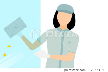 A simple illustration of a woman wearing a hat cleaning windows 125323199
