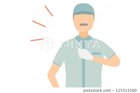 A simple illustration of a senior male worker wearing a hat hitting his chest 125323200