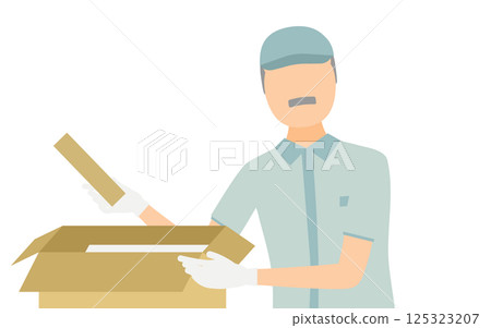 戴著帽子的高級男工人將行李放入紙箱的簡單圖示 125323207