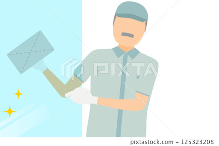 一位戴著帽子清潔窗戶的老年男性工人的簡單插圖 125323208