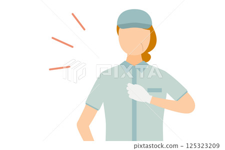 A simple illustration of a senior woman worker wearing a hat hitting her chest A simple illustration of a senior woman worker wearing a hat hitting her chest 125323209