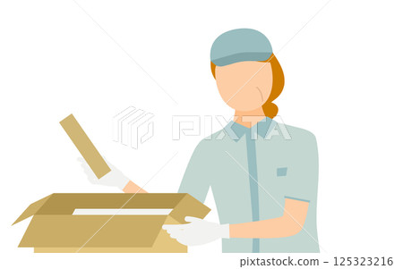 戴著帽子的高級女工將行李放入紙箱的簡單圖示 125323216