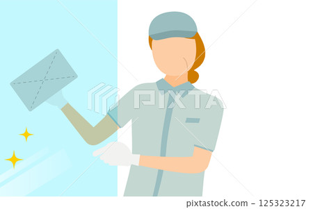 A simple illustration of a senior woman worker wearing a hat cleaning windows 125323217