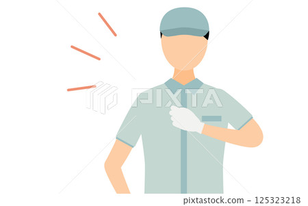 簡單說明:一名男工人戴著帽子打到胸口 簡單說明:一名男工人戴著帽子打到胸口 125323218