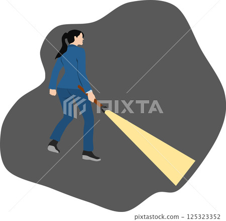 Illustration of a businesswoman turning on a flashlight Illustration of a businesswoman turning on a flashlight 125323352
