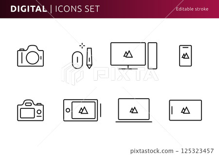 Digital tool icons designed in line art style can be used for web and print, editable stroke 125323457
